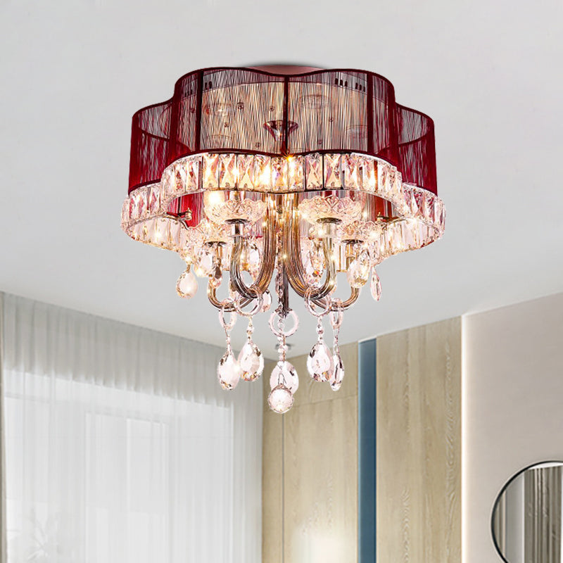 Flower Shaped Bedroom Semi Flush Light Modern Fabric Gold/Red LED Close to Ceiling Lighting with Crystal Accent Clearhalo 'Ceiling Lights' 'Close To Ceiling Lights' 'Close to ceiling' 'Semi-flushmount' Lighting' 923956