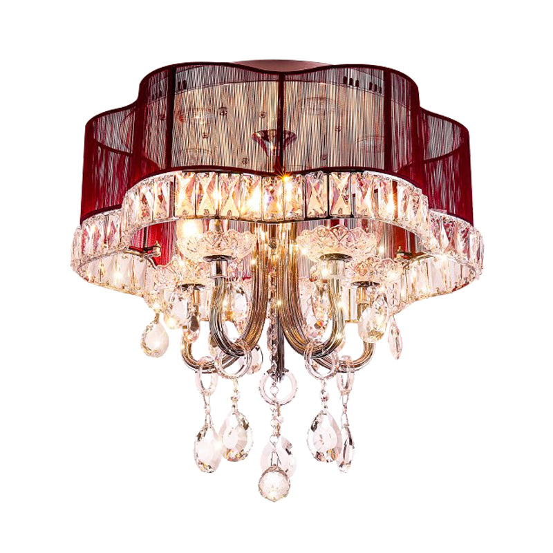 Flower Shaped Bedroom Semi Flush Light Modern Fabric Gold/Red LED Close to Ceiling Lighting with Crystal Accent Clearhalo 'Ceiling Lights' 'Close To Ceiling Lights' 'Close to ceiling' 'Semi-flushmount' Lighting' 923957