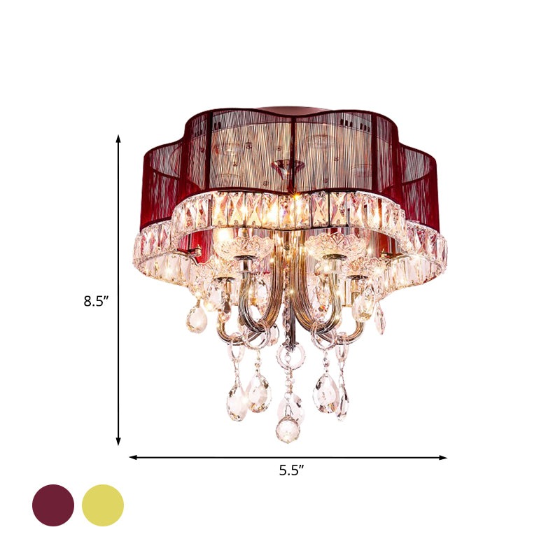 Flower Shaped Bedroom Semi Flush Light Modern Fabric Gold/Red LED Close to Ceiling Lighting with Crystal Accent Clearhalo 'Ceiling Lights' 'Close To Ceiling Lights' 'Close to ceiling' 'Semi-flushmount' Lighting' 923958
