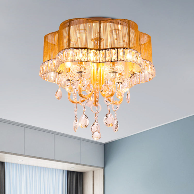 Flower Shaped Bedroom Semi Flush Light Modern Fabric Gold/Red LED Close to Ceiling Lighting with Crystal Accent Clearhalo 'Ceiling Lights' 'Close To Ceiling Lights' 'Close to ceiling' 'Semi-flushmount' Lighting' 923961