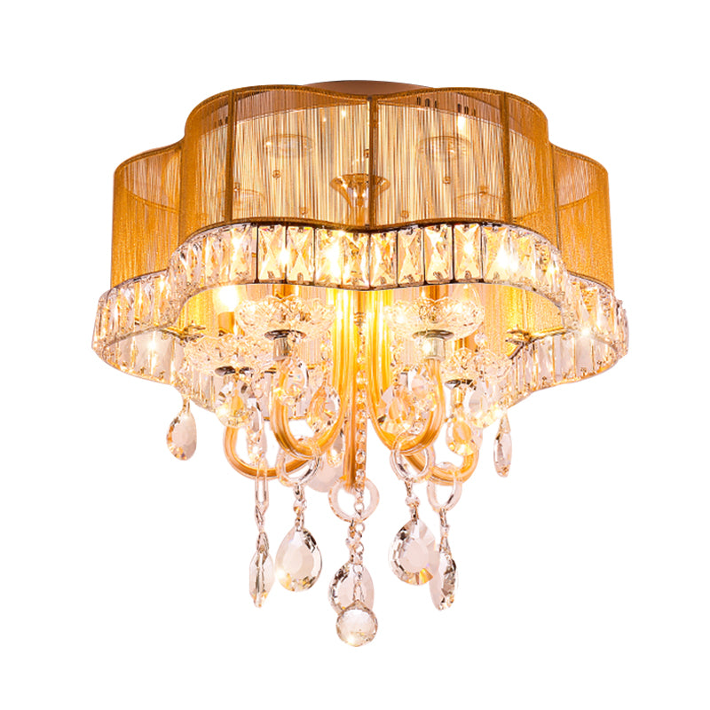 Flower Shaped Bedroom Semi Flush Light Modern Fabric Gold/Red LED Close to Ceiling Lighting with Crystal Accent Clearhalo 'Ceiling Lights' 'Close To Ceiling Lights' 'Close to ceiling' 'Semi-flushmount' Lighting' 923962