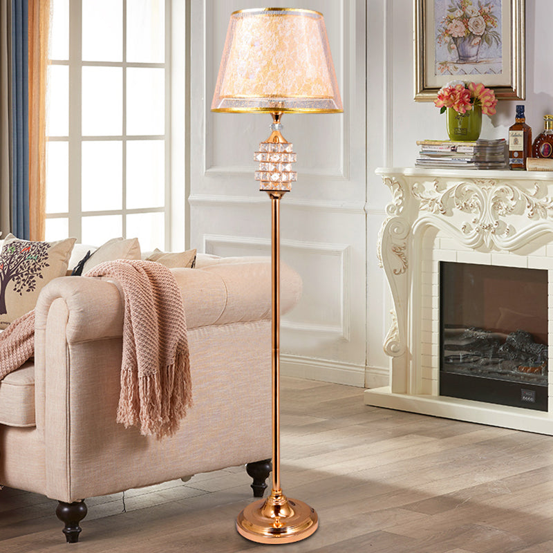 Print Fabric Gold Floor Lamp 2 Layers Tapered Shade Single Traditional Stand Up Lamp with Crystal Details Gold Clearhalo 'Floor Lamps' 'Lamps' Lighting' 923979