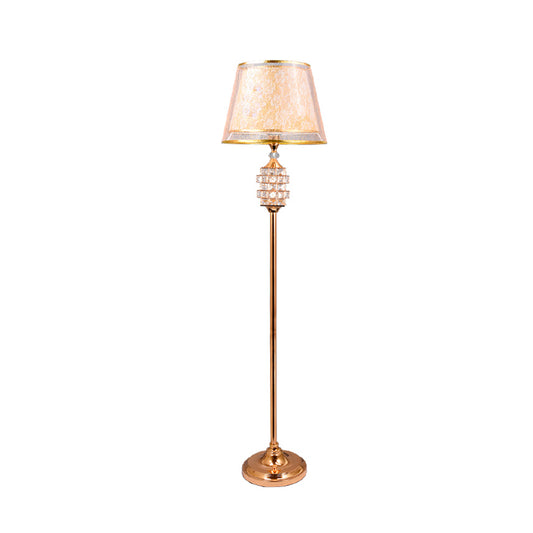 Print Fabric Gold Floor Lamp 2 Layers Tapered Shade Single Traditional Stand Up Lamp with Crystal Details Clearhalo 'Floor Lamps' 'Lamps' Lighting' 923981