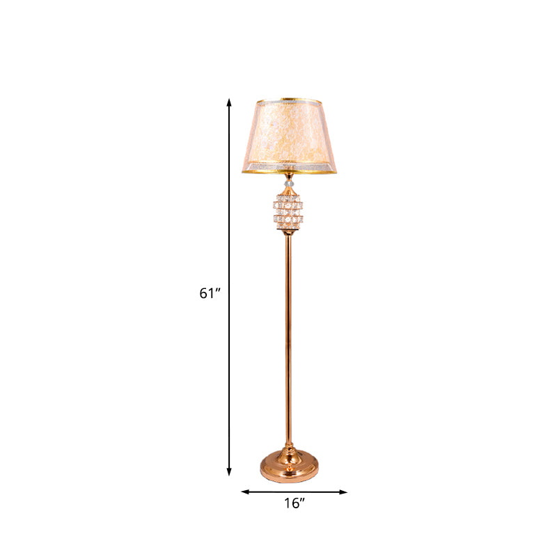 Print Fabric Gold Floor Lamp 2 Layers Tapered Shade Single Traditional Stand Up Lamp with Crystal Details Clearhalo 'Floor Lamps' 'Lamps' Lighting' 923982