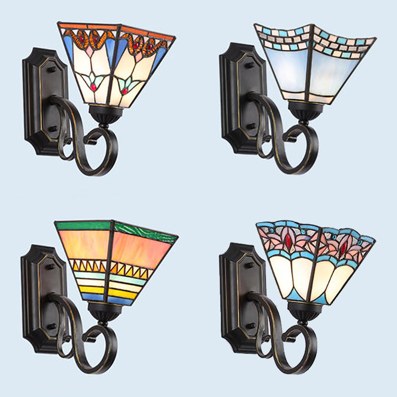 Geometric Wall Mount Fixture Tiffany Style Mission Stained Glass 1 Light Wall Sconce in Pink/Brown/Orange-Yellow/Light Blue for Corridor Clearhalo 'Industrial' 'Middle century wall lights' 'Tiffany wall lights' 'Tiffany' 'Wall Lamps & Sconces' 'Wall Lights' Lighting' 92428