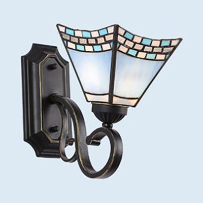 Geometric Wall Mount Fixture Tiffany Style Mission Stained Glass 1 Light Wall Sconce in Pink/Brown/Orange-Yellow/Light Blue for Corridor Light Blue Clearhalo 'Industrial' 'Middle century wall lights' 'Tiffany wall lights' 'Tiffany' 'Wall Lamps & Sconces' 'Wall Lights' Lighting' 92429