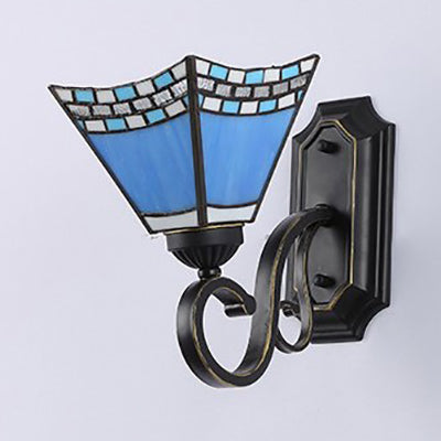 Geometric Wall Mount Fixture Tiffany Style Mission Stained Glass 1 Light Wall Sconce in Pink/Brown/Orange-Yellow/Light Blue for Corridor Clearhalo 'Industrial' 'Middle century wall lights' 'Tiffany wall lights' 'Tiffany' 'Wall Lamps & Sconces' 'Wall Lights' Lighting' 92430