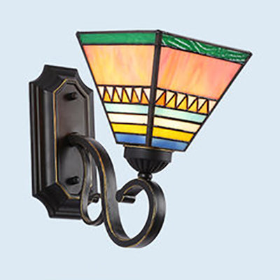 Geometric Wall Mount Fixture Tiffany Style Mission Stained Glass 1 Light Wall Sconce in Pink/Brown/Orange-Yellow/Light Blue for Corridor Orange-Yellow Clearhalo 'Industrial' 'Middle century wall lights' 'Tiffany wall lights' 'Tiffany' 'Wall Lamps & Sconces' 'Wall Lights' Lighting' 92431