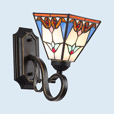 Geometric Wall Mount Fixture Tiffany Style Mission Stained Glass 1 Light Wall Sconce in Pink/Brown/Orange-Yellow/Light Blue for Corridor Clearhalo 'Industrial' 'Middle century wall lights' 'Tiffany wall lights' 'Tiffany' 'Wall Lamps & Sconces' 'Wall Lights' Lighting' 92432