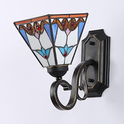 Geometric Wall Mount Fixture Tiffany Style Mission Stained Glass 1 Light Wall Sconce in Pink/Brown/Orange-Yellow/Light Blue for Corridor Clearhalo 'Industrial' 'Middle century wall lights' 'Tiffany wall lights' 'Tiffany' 'Wall Lamps & Sconces' 'Wall Lights' Lighting' 92433