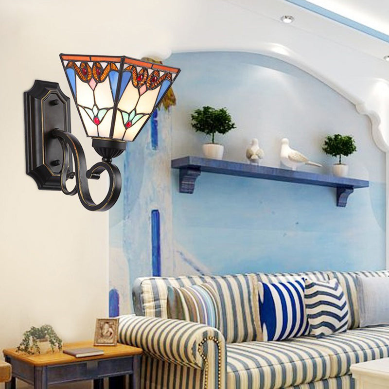 Geometric Wall Mount Fixture Tiffany Style Mission Stained Glass 1 Light Wall Sconce in Pink/Brown/Orange-Yellow/Light Blue for Corridor Brown Clearhalo 'Industrial' 'Middle century wall lights' 'Tiffany wall lights' 'Tiffany' 'Wall Lamps & Sconces' 'Wall Lights' Lighting' 92434