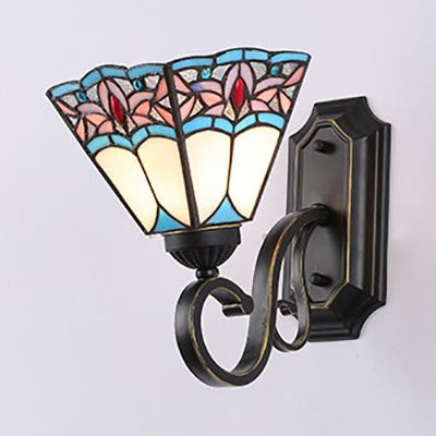 Geometric Wall Mount Fixture Tiffany Style Mission Stained Glass 1 Light Wall Sconce in Pink/Brown/Orange-Yellow/Light Blue for Corridor Pink Clearhalo 'Industrial' 'Middle century wall lights' 'Tiffany wall lights' 'Tiffany' 'Wall Lamps & Sconces' 'Wall Lights' Lighting' 92435