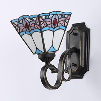 Geometric Wall Mount Fixture Tiffany Style Mission Stained Glass 1 Light Wall Sconce in Pink/Brown/Orange-Yellow/Light Blue for Corridor Clearhalo 'Industrial' 'Middle century wall lights' 'Tiffany wall lights' 'Tiffany' 'Wall Lamps & Sconces' 'Wall Lights' Lighting' 92436