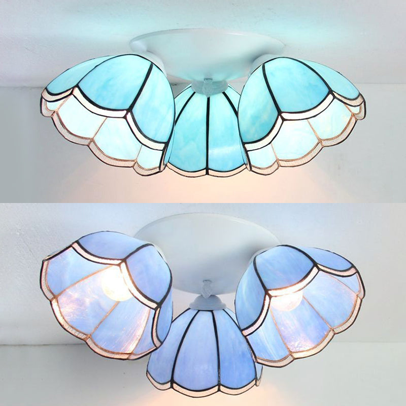 Industrial Vintage Domed Ceiling Light Stained Glass 3 Lights Ceiling Fixture in Light Blue/Dark Blue for Indoor Clearhalo 'Ceiling Lights' 'Close To Ceiling Lights' 'Close to ceiling' 'Glass shade' 'Glass' 'Semi-flushmount' 'Tiffany close to ceiling' 'Tiffany' Lighting' 92541