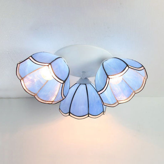 Industrial Vintage Domed Ceiling Light Stained Glass 3 Lights Ceiling Fixture in Light Blue/Dark Blue for Indoor Dark Blue Clearhalo 'Ceiling Lights' 'Close To Ceiling Lights' 'Close to ceiling' 'Glass shade' 'Glass' 'Semi-flushmount' 'Tiffany close to ceiling' 'Tiffany' Lighting' 92542