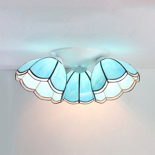Industrial Vintage Domed Ceiling Light Stained Glass 3 Lights Ceiling Fixture in Light Blue/Dark Blue for Indoor Sky Blue Clearhalo 'Ceiling Lights' 'Close To Ceiling Lights' 'Close to ceiling' 'Glass shade' 'Glass' 'Semi-flushmount' 'Tiffany close to ceiling' 'Tiffany' Lighting' 92543