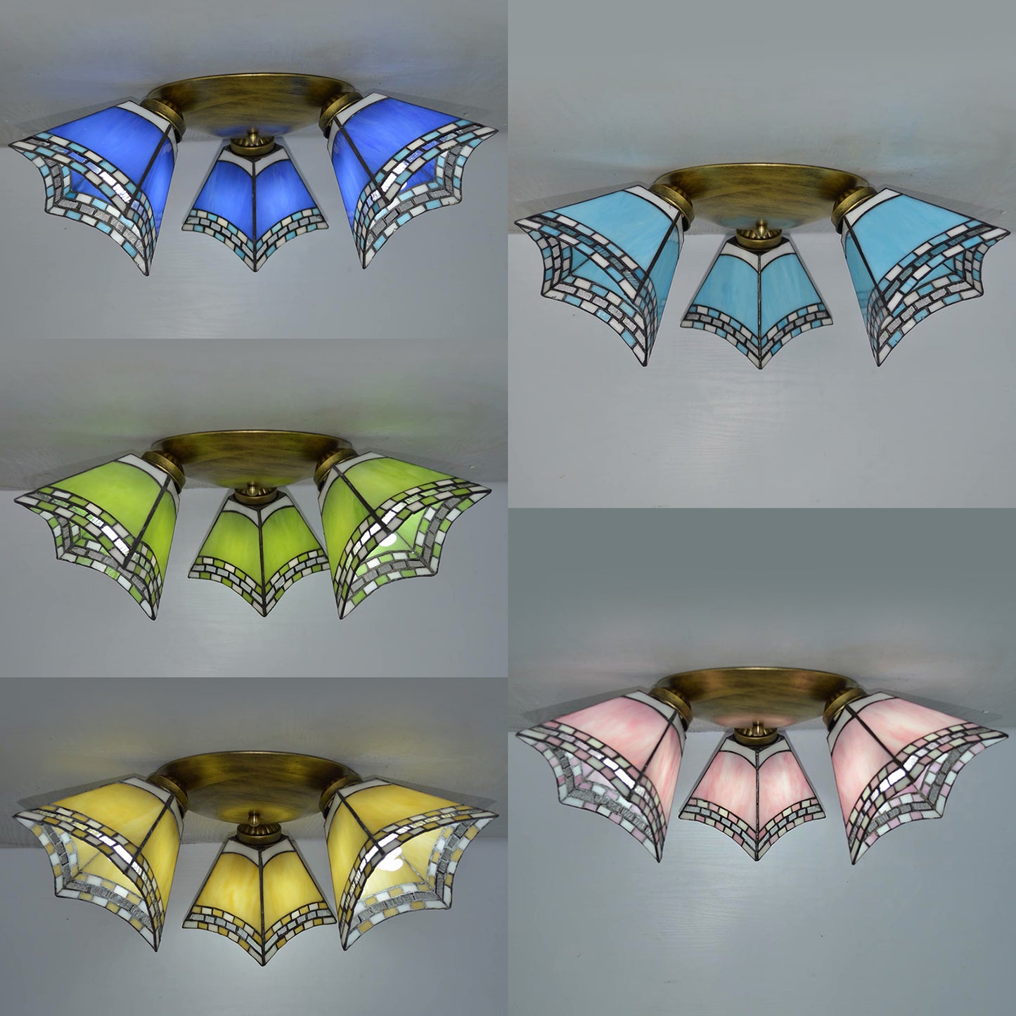 3 Heads Geometric Flushmount Light Vintage Stained Glass Flush Mount Ceiling Light in Yellow/Sky Blue/Pink/Green/Dark Blue for Bedroom Clearhalo 'Ceiling Lights' 'Close To Ceiling Lights' 'Close to ceiling' 'Glass shade' 'Glass' 'Semi-flushmount' 'Tiffany close to ceiling' 'Tiffany' Lighting' 92573