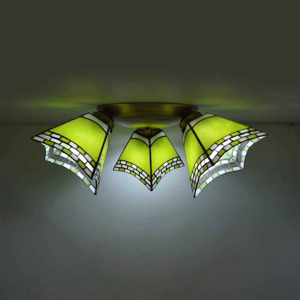 3 Heads Geometric Flushmount Light Vintage Stained Glass Flush Mount Ceiling Light in Yellow/Sky Blue/Pink/Green/Dark Blue for Bedroom Clearhalo 'Ceiling Lights' 'Close To Ceiling Lights' 'Close to ceiling' 'Glass shade' 'Glass' 'Semi-flushmount' 'Tiffany close to ceiling' 'Tiffany' Lighting' 92577