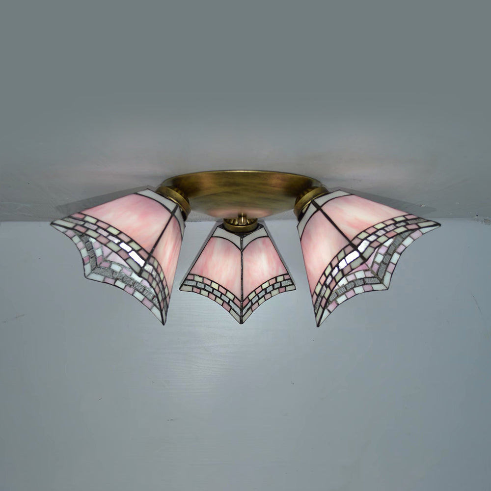 3 Heads Geometric Flushmount Light Vintage Stained Glass Flush Mount Ceiling Light in Yellow/Sky Blue/Pink/Green/Dark Blue for Bedroom Pink Clearhalo 'Ceiling Lights' 'Close To Ceiling Lights' 'Close to ceiling' 'Glass shade' 'Glass' 'Semi-flushmount' 'Tiffany close to ceiling' 'Tiffany' Lighting' 92578