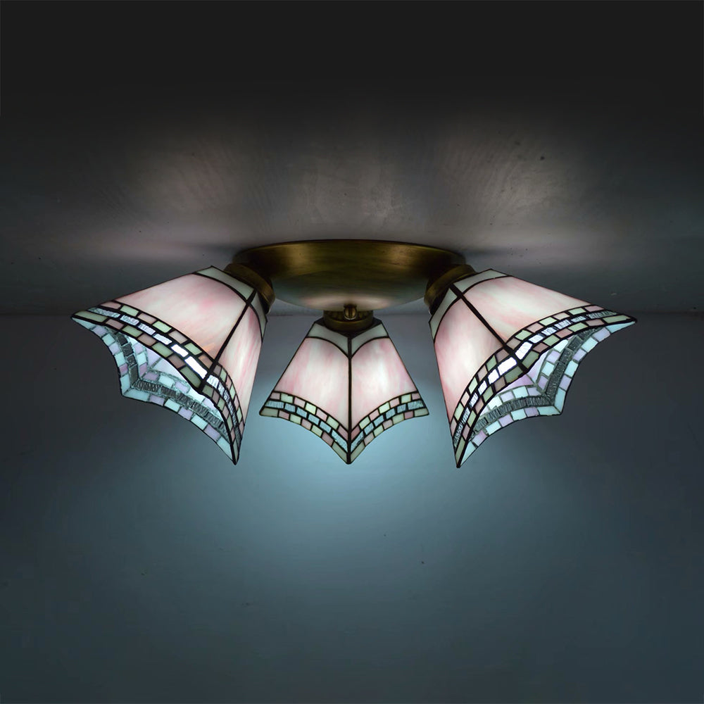 3 Heads Geometric Flushmount Light Vintage Stained Glass Flush Mount Ceiling Light in Yellow/Sky Blue/Pink/Green/Dark Blue for Bedroom Clearhalo 'Ceiling Lights' 'Close To Ceiling Lights' 'Close to ceiling' 'Glass shade' 'Glass' 'Semi-flushmount' 'Tiffany close to ceiling' 'Tiffany' Lighting' 92579