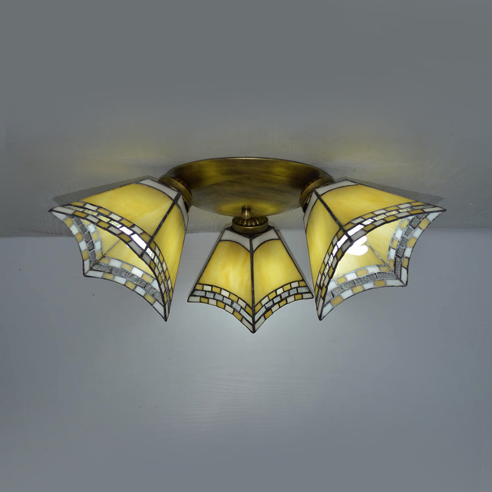 3 Heads Geometric Flushmount Light Vintage Stained Glass Flush Mount Ceiling Light in Yellow/Sky Blue/Pink/Green/Dark Blue for Bedroom Yellow Clearhalo 'Ceiling Lights' 'Close To Ceiling Lights' 'Close to ceiling' 'Glass shade' 'Glass' 'Semi-flushmount' 'Tiffany close to ceiling' 'Tiffany' Lighting' 92582