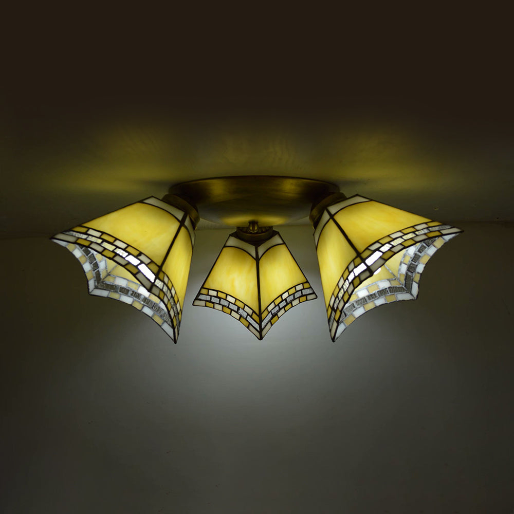 3 Heads Geometric Flushmount Light Vintage Stained Glass Flush Mount Ceiling Light in Yellow/Sky Blue/Pink/Green/Dark Blue for Bedroom Clearhalo 'Ceiling Lights' 'Close To Ceiling Lights' 'Close to ceiling' 'Glass shade' 'Glass' 'Semi-flushmount' 'Tiffany close to ceiling' 'Tiffany' Lighting' 92583