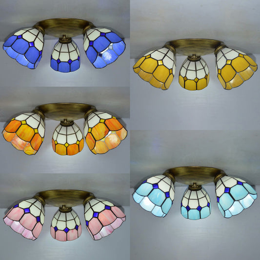 Tiffany Dome Ceiling Fixture Stained Glass 3 Lights Flush Mount Ceiling Light in Pink/Yellow/Orange/Sky Blue/Dark Blue for Dining Room Clearhalo 'Ceiling Lights' 'Chandeliers' 'Close To Ceiling Lights' 'Close to ceiling' 'Glass shade' 'Glass' 'Semi-flushmount' 'Tiffany close to ceiling' 'Tiffany' Lighting' 92591