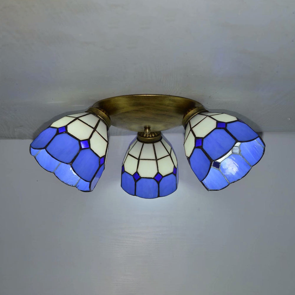 Tiffany Dome Ceiling Fixture Stained Glass 3 Lights Flush Mount Ceiling Light in Pink/Yellow/Orange/Sky Blue/Dark Blue for Dining Room Clearhalo 'Ceiling Lights' 'Chandeliers' 'Close To Ceiling Lights' 'Close to ceiling' 'Glass shade' 'Glass' 'Semi-flushmount' 'Tiffany close to ceiling' 'Tiffany' Lighting' 92593