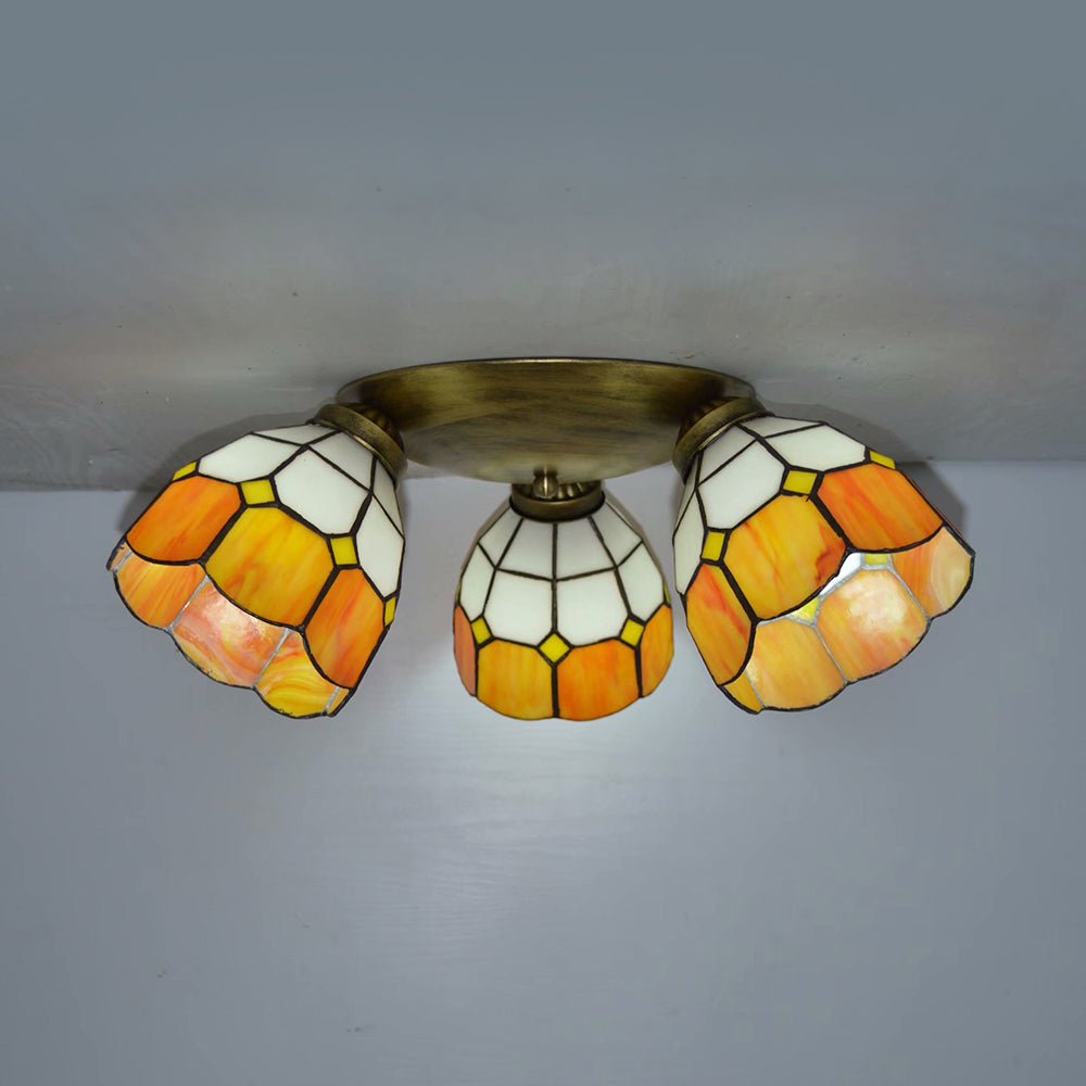 Tiffany Dome Ceiling Fixture Stained Glass 3 Lights Flush Mount Ceiling Light in Pink/Yellow/Orange/Sky Blue/Dark Blue for Dining Room Orange Clearhalo 'Ceiling Lights' 'Chandeliers' 'Close To Ceiling Lights' 'Close to ceiling' 'Glass shade' 'Glass' 'Semi-flushmount' 'Tiffany close to ceiling' 'Tiffany' Lighting' 92594
