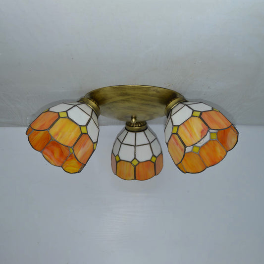 Tiffany Dome Ceiling Fixture Stained Glass 3 Lights Flush Mount Ceiling Light in Pink/Yellow/Orange/Sky Blue/Dark Blue for Dining Room Clearhalo 'Ceiling Lights' 'Chandeliers' 'Close To Ceiling Lights' 'Close to ceiling' 'Glass shade' 'Glass' 'Semi-flushmount' 'Tiffany close to ceiling' 'Tiffany' Lighting' 92595