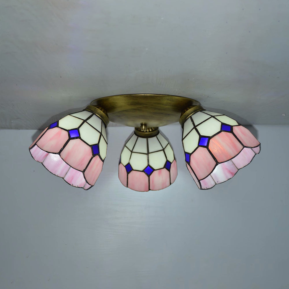 Tiffany Dome Ceiling Fixture Stained Glass 3 Lights Flush Mount Ceiling Light in Pink/Yellow/Orange/Sky Blue/Dark Blue for Dining Room Pink Clearhalo 'Ceiling Lights' 'Chandeliers' 'Close To Ceiling Lights' 'Close to ceiling' 'Glass shade' 'Glass' 'Semi-flushmount' 'Tiffany close to ceiling' 'Tiffany' Lighting' 92596