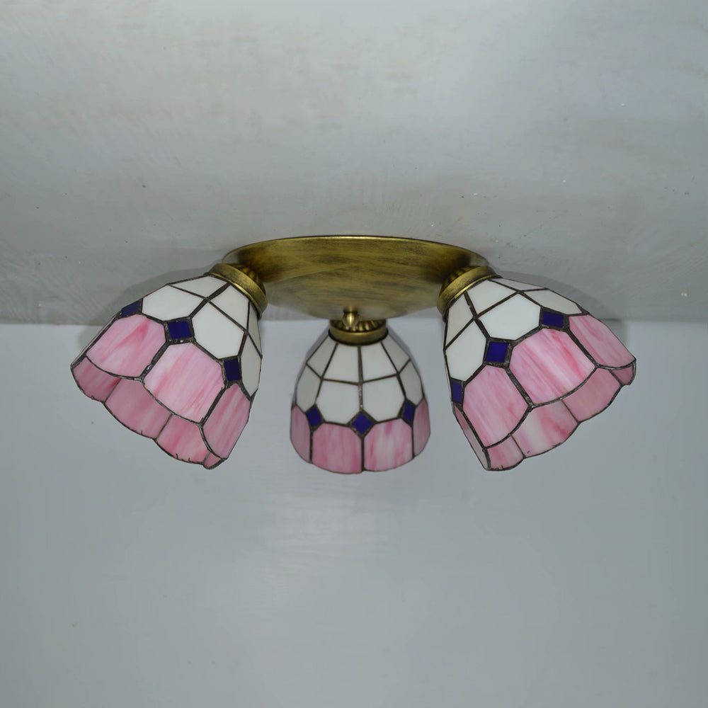 Tiffany Dome Ceiling Fixture Stained Glass 3 Lights Flush Mount Ceiling Light in Pink/Yellow/Orange/Sky Blue/Dark Blue for Dining Room Clearhalo 'Ceiling Lights' 'Chandeliers' 'Close To Ceiling Lights' 'Close to ceiling' 'Glass shade' 'Glass' 'Semi-flushmount' 'Tiffany close to ceiling' 'Tiffany' Lighting' 92597