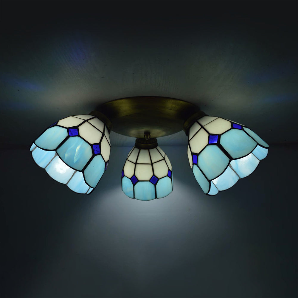 Tiffany Dome Ceiling Fixture Stained Glass 3 Lights Flush Mount Ceiling Light in Pink/Yellow/Orange/Sky Blue/Dark Blue for Dining Room Sky Blue Clearhalo 'Ceiling Lights' 'Chandeliers' 'Close To Ceiling Lights' 'Close to ceiling' 'Glass shade' 'Glass' 'Semi-flushmount' 'Tiffany close to ceiling' 'Tiffany' Lighting' 92598