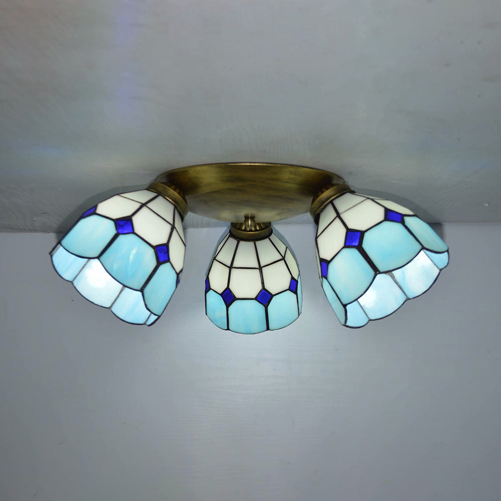 Tiffany Dome Ceiling Fixture Stained Glass 3 Lights Flush Mount Ceiling Light in Pink/Yellow/Orange/Sky Blue/Dark Blue for Dining Room Clearhalo 'Ceiling Lights' 'Chandeliers' 'Close To Ceiling Lights' 'Close to ceiling' 'Glass shade' 'Glass' 'Semi-flushmount' 'Tiffany close to ceiling' 'Tiffany' Lighting' 92599