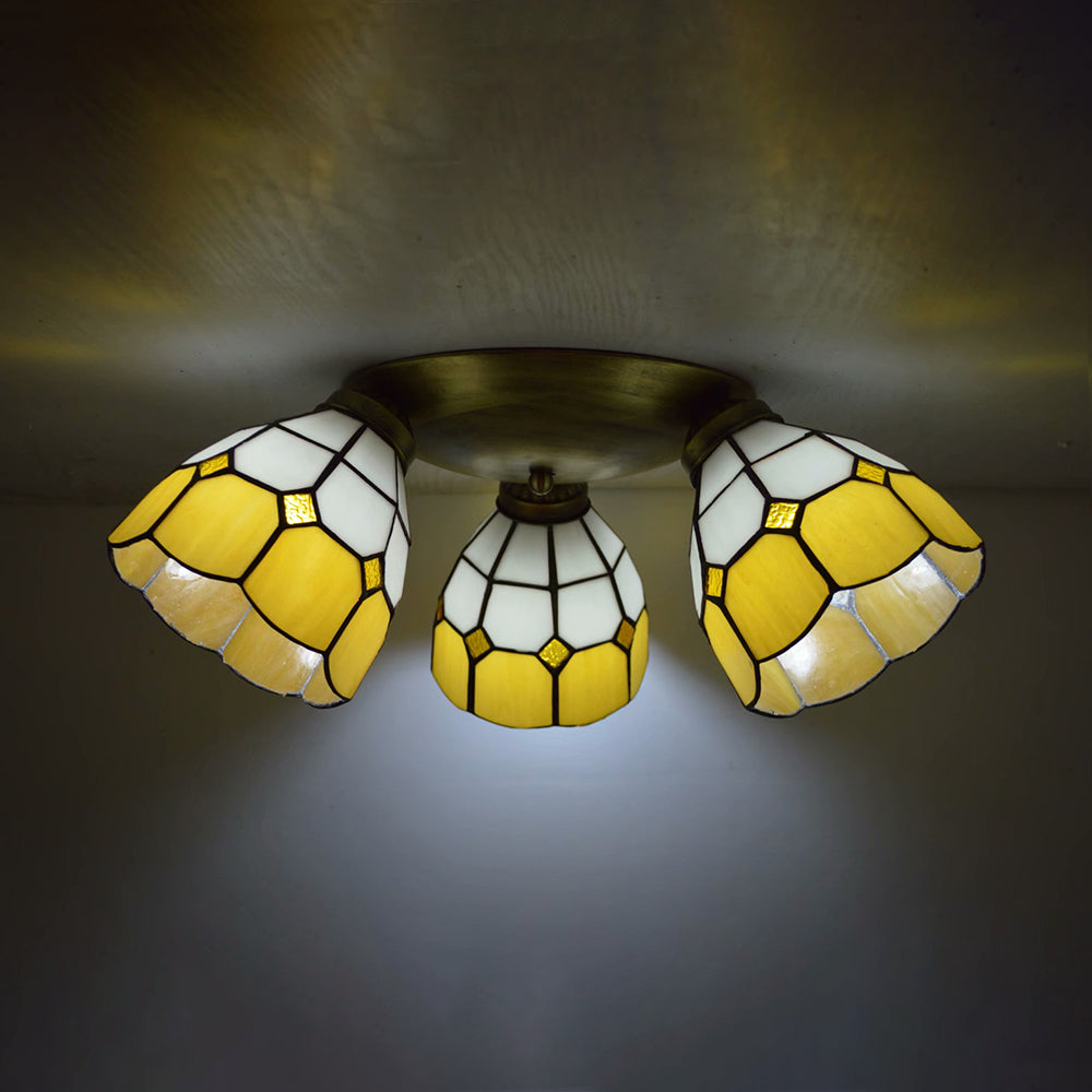 Tiffany Dome Ceiling Fixture Stained Glass 3 Lights Flush Mount Ceiling Light in Pink/Yellow/Orange/Sky Blue/Dark Blue for Dining Room Yellow Clearhalo 'Ceiling Lights' 'Chandeliers' 'Close To Ceiling Lights' 'Close to ceiling' 'Glass shade' 'Glass' 'Semi-flushmount' 'Tiffany close to ceiling' 'Tiffany' Lighting' 92600