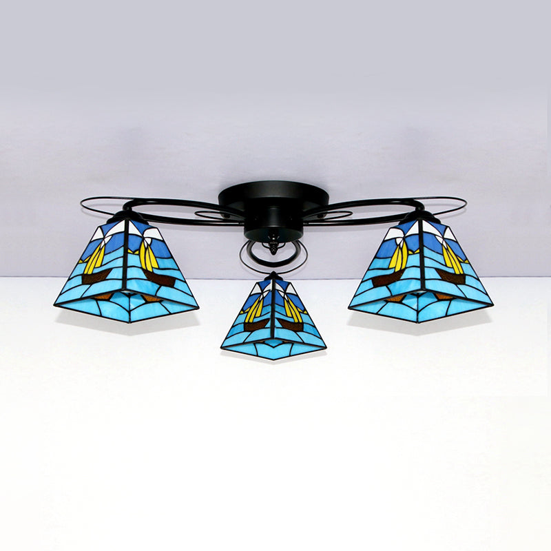 Geometric Flushmount Light Retro Style Stained Glass 3 Lights Flush Mount Ceiling Fixture in White/Sky Blue/Clear/Dark Blue for Bedroom Clearhalo 'Ceiling Lights' 'Close To Ceiling Lights' 'Close to ceiling' 'Glass shade' 'Glass' 'Semi-flushmount' 'Tiffany close to ceiling' 'Tiffany' Lighting' 92619