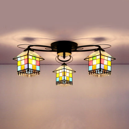 Small House Flushmount Light Tiffany Stained Glass 3 Lights Ceiling Light in Black for Bedroom Black Clearhalo 'Ceiling Lights' 'Close To Ceiling Lights' 'Close to ceiling' 'Glass shade' 'Glass' 'Semi-flushmount' 'Tiffany close to ceiling' 'Tiffany' Lighting' 92634