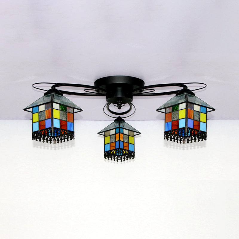 Small House Flushmount Light Tiffany Stained Glass 3 Lights Ceiling Light in Black for Bedroom Clearhalo 'Ceiling Lights' 'Close To Ceiling Lights' 'Close to ceiling' 'Glass shade' 'Glass' 'Semi-flushmount' 'Tiffany close to ceiling' 'Tiffany' Lighting' 92635