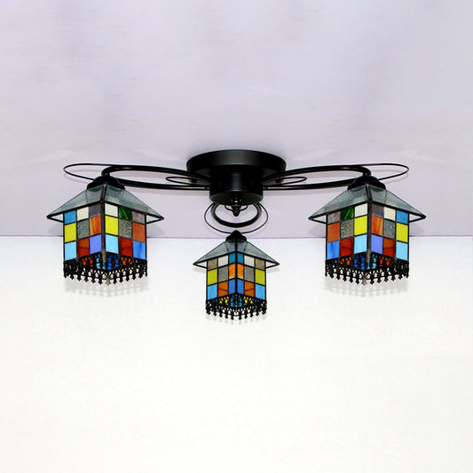 Small House Flushmount Light Tiffany Stained Glass 3 Lights Ceiling Light in Black for Bedroom Clearhalo 'Ceiling Lights' 'Close To Ceiling Lights' 'Close to ceiling' 'Glass shade' 'Glass' 'Semi-flushmount' 'Tiffany close to ceiling' 'Tiffany' Lighting' 92635