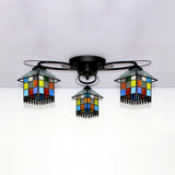 Small House Flushmount Light Tiffany Stained Glass 3 Lights Ceiling Light in Black for Bedroom Clearhalo 'Ceiling Lights' 'Close To Ceiling Lights' 'Close to ceiling' 'Glass shade' 'Glass' 'Semi-flushmount' 'Tiffany close to ceiling' 'Tiffany' Lighting' 92635