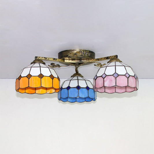 Scalloped Edged Ceiling Light Fixture Country Stained Glass 3 Lights Flush Mount Ceiling Light in Sky Blue/Yellow/Dark Blue/Clear Clearhalo 'Ceiling Lights' 'Close To Ceiling Lights' 'Close to ceiling' 'Glass shade' 'Glass' 'Semi-flushmount' 'Tiffany close to ceiling' 'Tiffany' Lighting' 92645