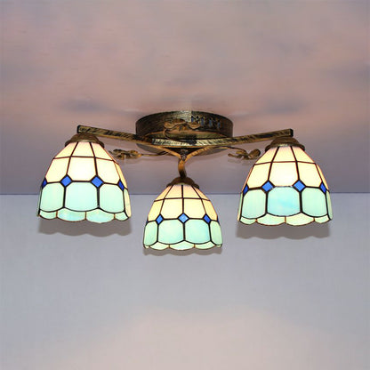 Scalloped Edged Ceiling Light Fixture Country Stained Glass 3 Lights Flush Mount Ceiling Light in Sky Blue/Yellow/Dark Blue/Clear Sky Blue Clearhalo 'Ceiling Lights' 'Close To Ceiling Lights' 'Close to ceiling' 'Glass shade' 'Glass' 'Semi-flushmount' 'Tiffany close to ceiling' 'Tiffany' Lighting' 92646