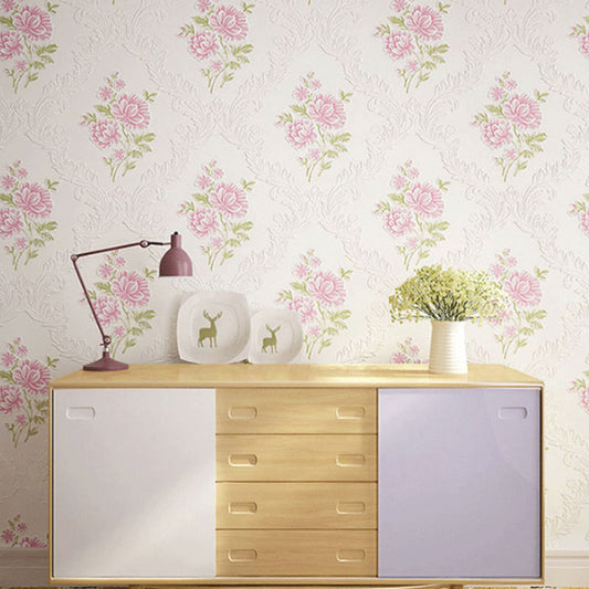 20.5" x 33' Wallpaper Roll Countryside 3D Print Dense Flower Pattern Non-Pasted Wall Covering in Soft Color White-Pink Clearhalo 'Country wall decor' 'Rustic' 'Wallpaper' Wall Decor' 926903