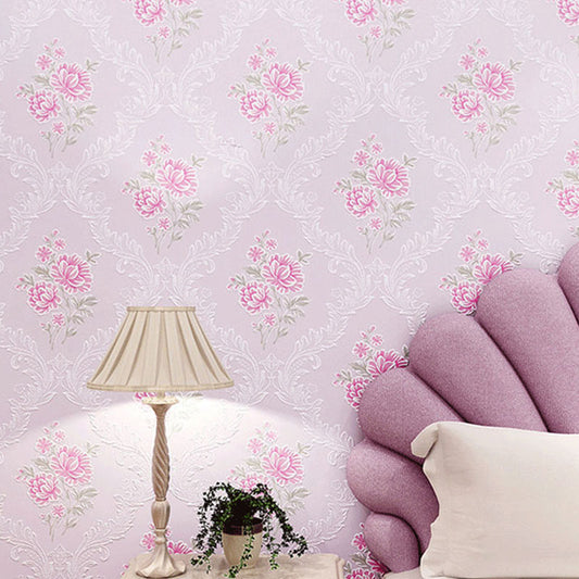 20.5" x 33' Wallpaper Roll Countryside 3D Print Dense Flower Pattern Non-Pasted Wall Covering in Soft Color Dark Pink Clearhalo 'Country wall decor' 'Rustic' 'Wallpaper' Wall Decor' 926912