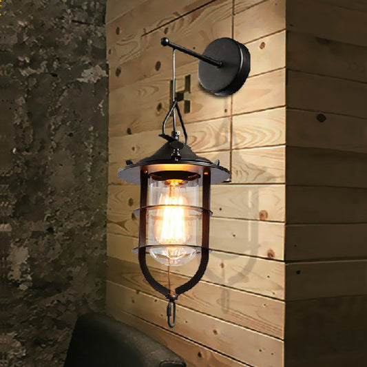 1 Bulb Caged Wall Mounted Light Fixture Industrial Black Clear Glass Lighting for Porch Black Clearhalo 'Art deco wall lights' 'Cast Iron' 'Glass' 'Industrial wall lights' 'Industrial' 'Middle century wall lights' 'Modern' 'Rustic wall lights' 'Tiffany' 'Traditional wall lights' 'Wall Lamps & Sconces' 'Wall Lights' Lighting' 92695