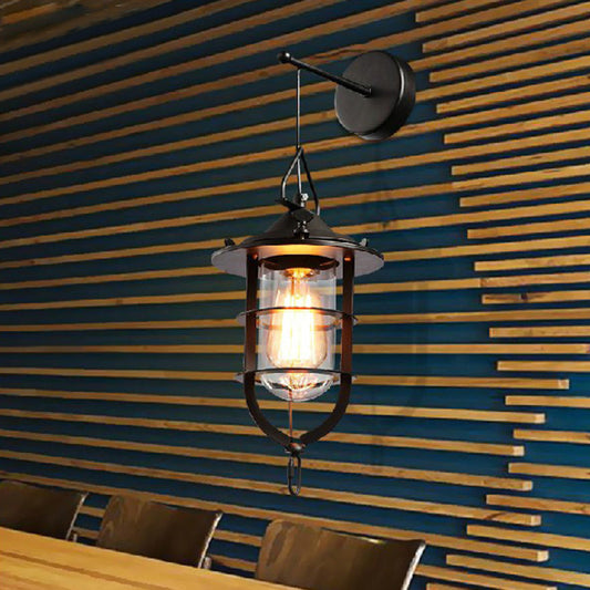 1 Bulb Caged Wall Mounted Light Fixture Industrial Black Clear Glass Lighting for Porch Clearhalo 'Art deco wall lights' 'Cast Iron' 'Glass' 'Industrial wall lights' 'Industrial' 'Middle century wall lights' 'Modern' 'Rustic wall lights' 'Tiffany' 'Traditional wall lights' 'Wall Lamps & Sconces' 'Wall Lights' Lighting' 92697