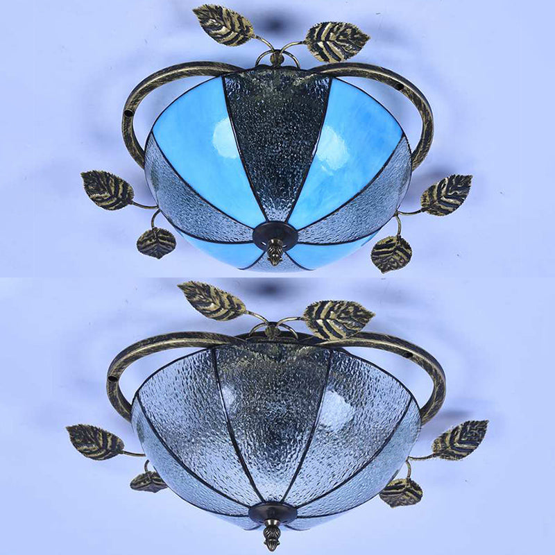 Retro Style Bowl-Shaped Ceiling Light Fixture Stained Glass 3 Bulbs Flushmount Ceiling Light in White/Blue/Clear/Blue-Clear/Green-White/Dark Blue Clearhalo 'Ceiling Lights' 'Close To Ceiling Lights' 'Close to ceiling' 'Glass shade' 'Glass' 'Semi-flushmount' 'Tiffany close to ceiling' 'Tiffany' Lighting' 92699
