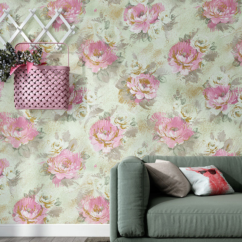 Decorative Non-Pasted Wallpaper Blossoming Garden Flower Non-wove Wall Decor in Soft Color Green-Pink Clearhalo 'Country wall decor' 'Rustic' 'Wallpaper' Wall Decor' 927010