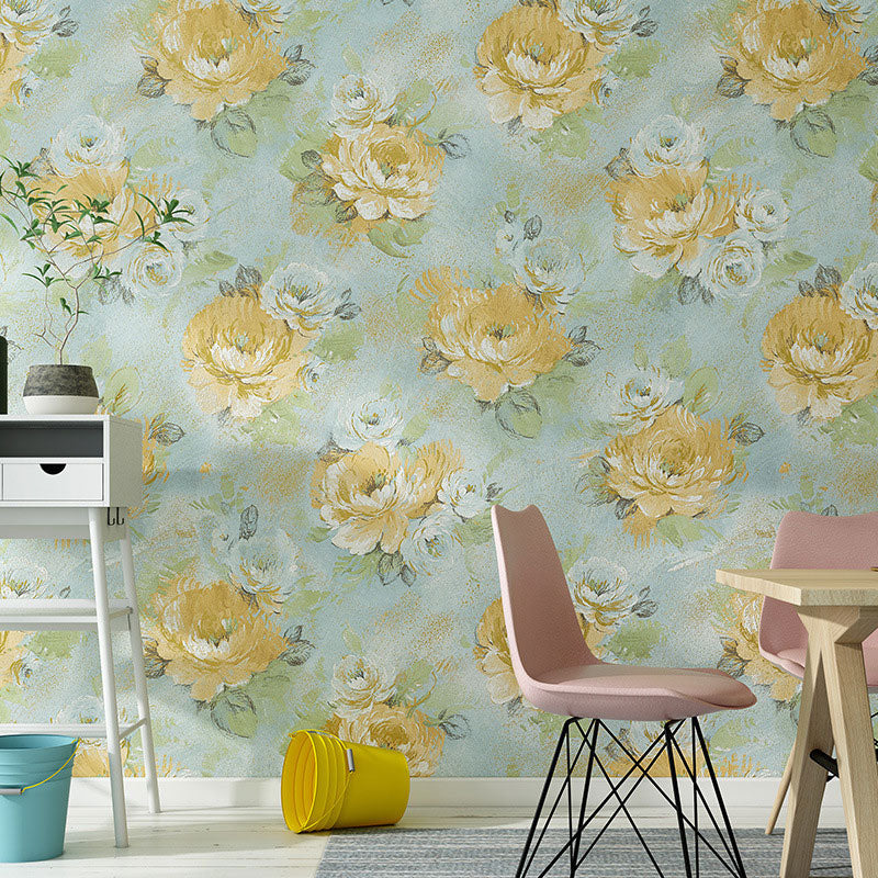 Decorative Non-Pasted Wallpaper Blossoming Garden Flower Non-wove Wall Decor in Soft Color Blue-Yellow Clearhalo 'Country wall decor' 'Rustic' 'Wallpaper' Wall Decor' 927013