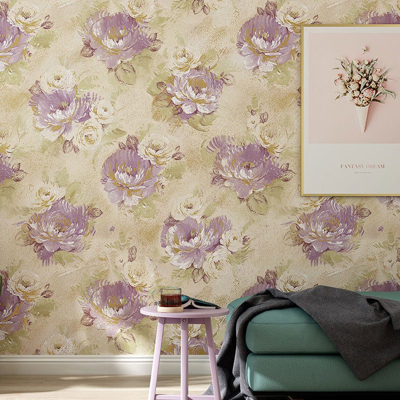 Decorative Non-Pasted Wallpaper Blossoming Garden Flower Non-wove Wall Decor in Soft Color Purple-Yellow Clearhalo 'Country wall decor' 'Rustic' 'Wallpaper' Wall Decor' 927016